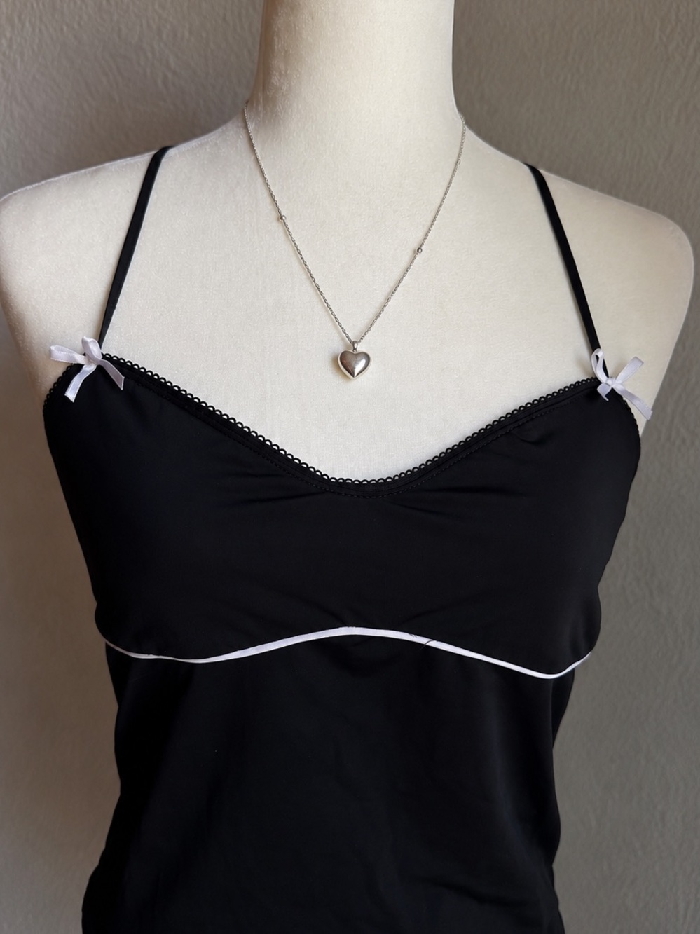 ZARA Black Bow Trim Cami Tank Top | Y2K Coquette Lace Trim Spaghetti Strap Large